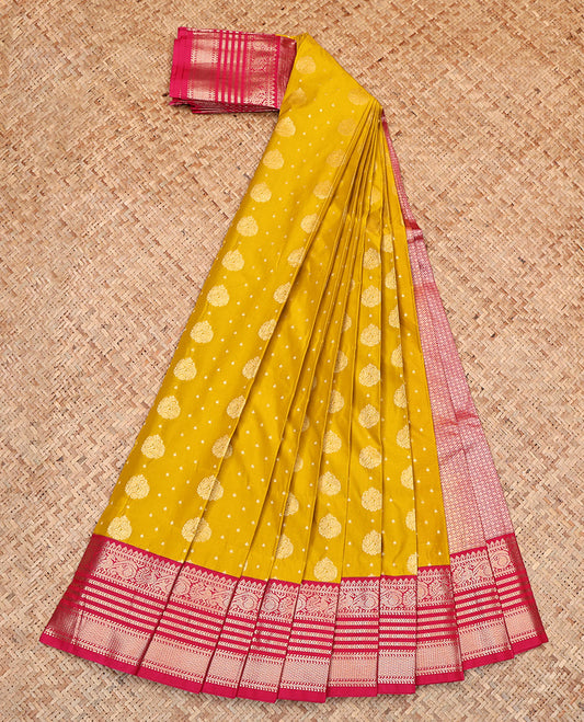 Yellow Budget Silk Saree, Sparsely Woven with Zari Buttas, Complemented by Contrast Traditional Zari Border, Jaal Pallu, and a Contrast Blouse