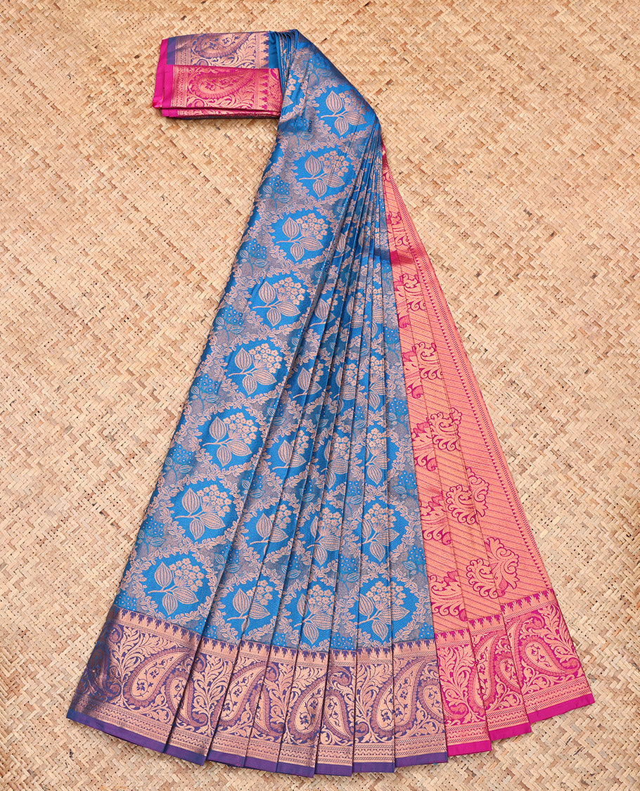 Blue Budget Silk Saree, Beautifully Bedecked with Jacquard Design, Complemented by Contrast Paisley Border, Grand Pallu and a Contrast Blouse