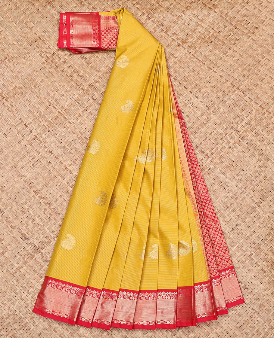 Yellow Budget Silk Saree, Accentuated with Zari Buttas and Stripes, Complemented by a Contrast Traditional Zari Border, Grand Pallu, and a Contrast Blouse