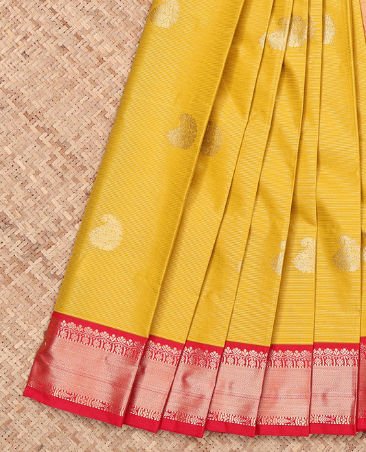Yellow Budget Silk Saree, Accentuated with Zari Buttas and Stripes, Complemented by a Contrast Traditional Zari Border, Grand Pallu, and a Contrast Blouse