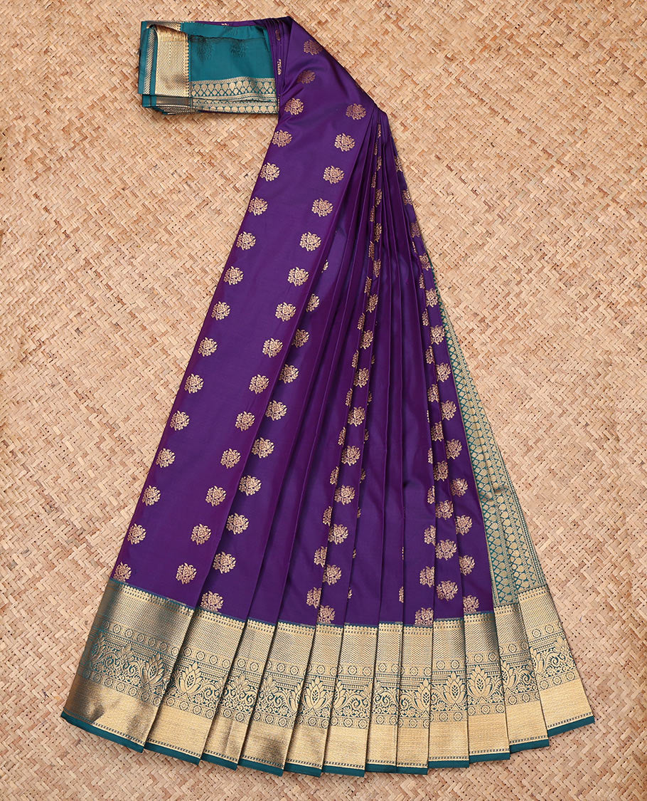 Violet Budget Silk Saree, Prettified with Zari Buttas, Complemented by a Contrast Traditional Zari Border, Grand Pallu, and Contrast Blouse