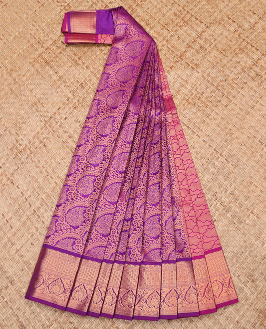 Purple Budget Silk Saree, Enthralled with a Jacquard Design, Highlighted by a Traditional Zari Border, Grand Pallu, and Contrast Blouse