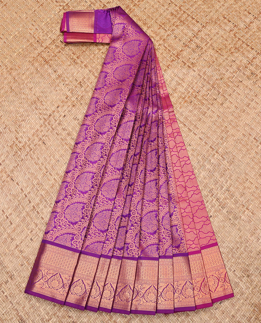 Purple Budget Silk Saree, Enthralled with a Jacquard Design, Highlighted by a Traditional Zari Border, Grand Pallu, and Contrast Blouse