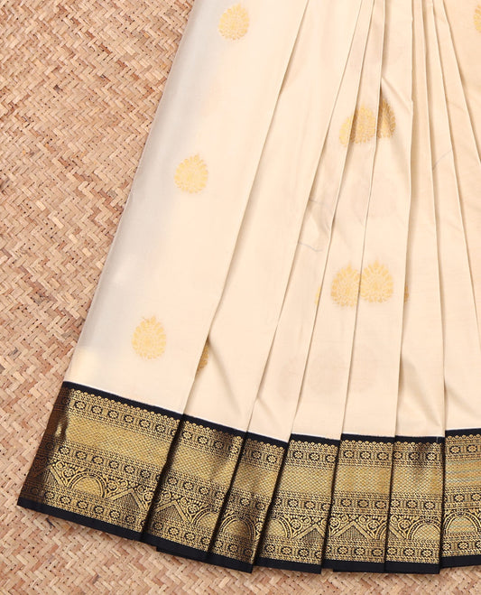 Off-White Budget Silk Saree, Sparsely Woven with Zari Buttas, Complemented by Contrast Traditional Zari Border, Intricate Pallu, and Contrast Blouse
