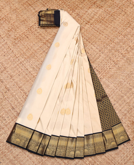 Off-White Budget Silk Saree, Sparsely Woven with Zari Buttas, Complemented by Contrast Traditional Zari Border, Intricate Pallu, and Contrast Blouse