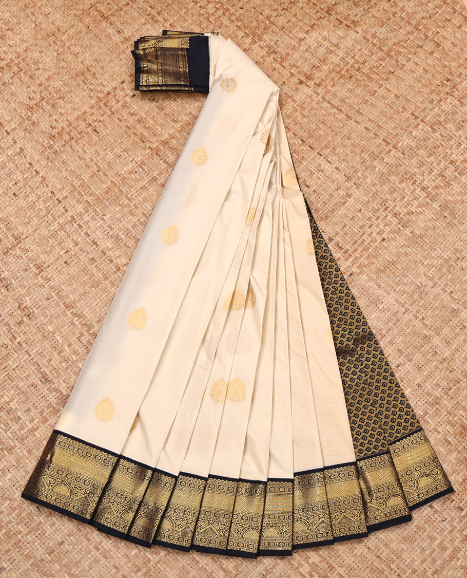 Off-White Budget Silk Saree, Sparsely Woven with Zari Buttas, Complemented by Contrast Traditional Zari Border, Intricate Pallu, and Contrast Blouse