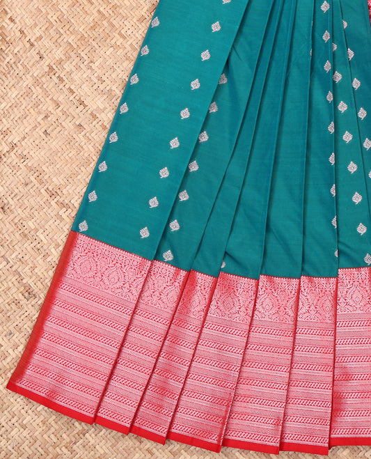 Teal Budget Silk Saree, Adorned with Zari Buttas, Complemented by a Contrast Traditional Zari Border, Grand Pallu, and a Contrast Blouse