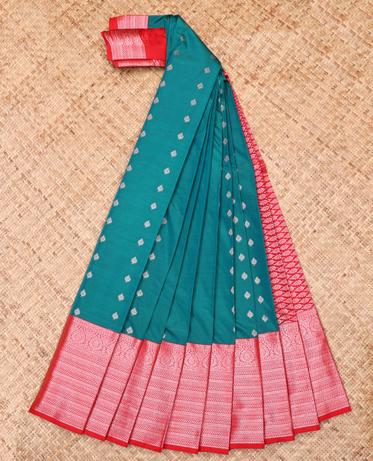 Teal Budget Silk Saree, Adorned with Zari Buttas, Complemented by a Contrast Traditional Zari Border, Grand Pallu, and a Contrast Blouse