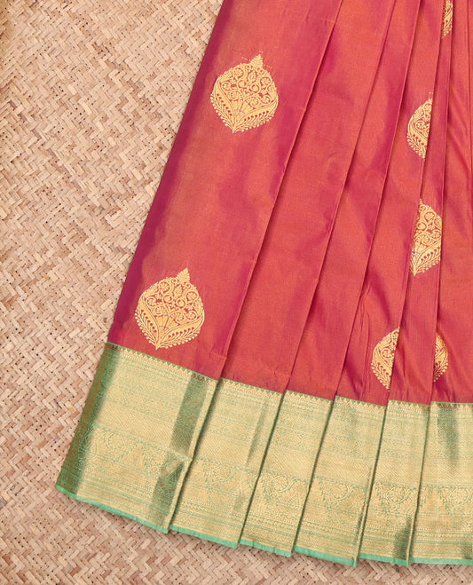 Orange Budget Silk Saree, Detailed with Zari Buttas, Complemented by a Contrast Traditional Zari Border, Grand Pallu, and a Contrast Blouse