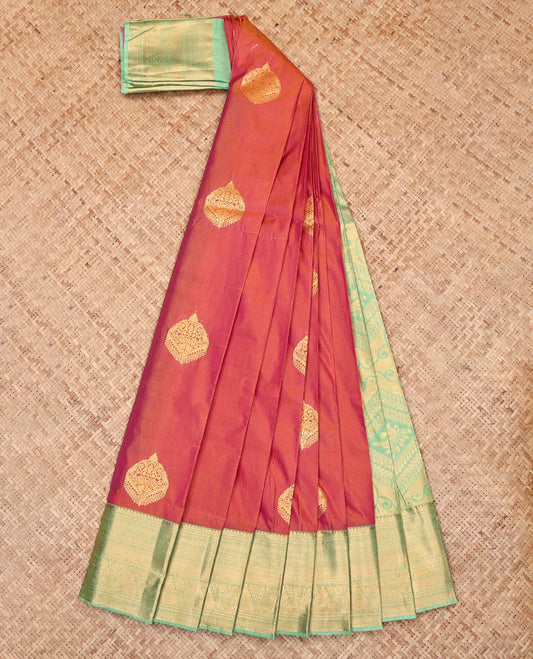 Orange Budget Silk Saree, Detailed with Zari Buttas, Complemented by a Contrast Traditional Zari Border, Grand Pallu, and a Contrast Blouse