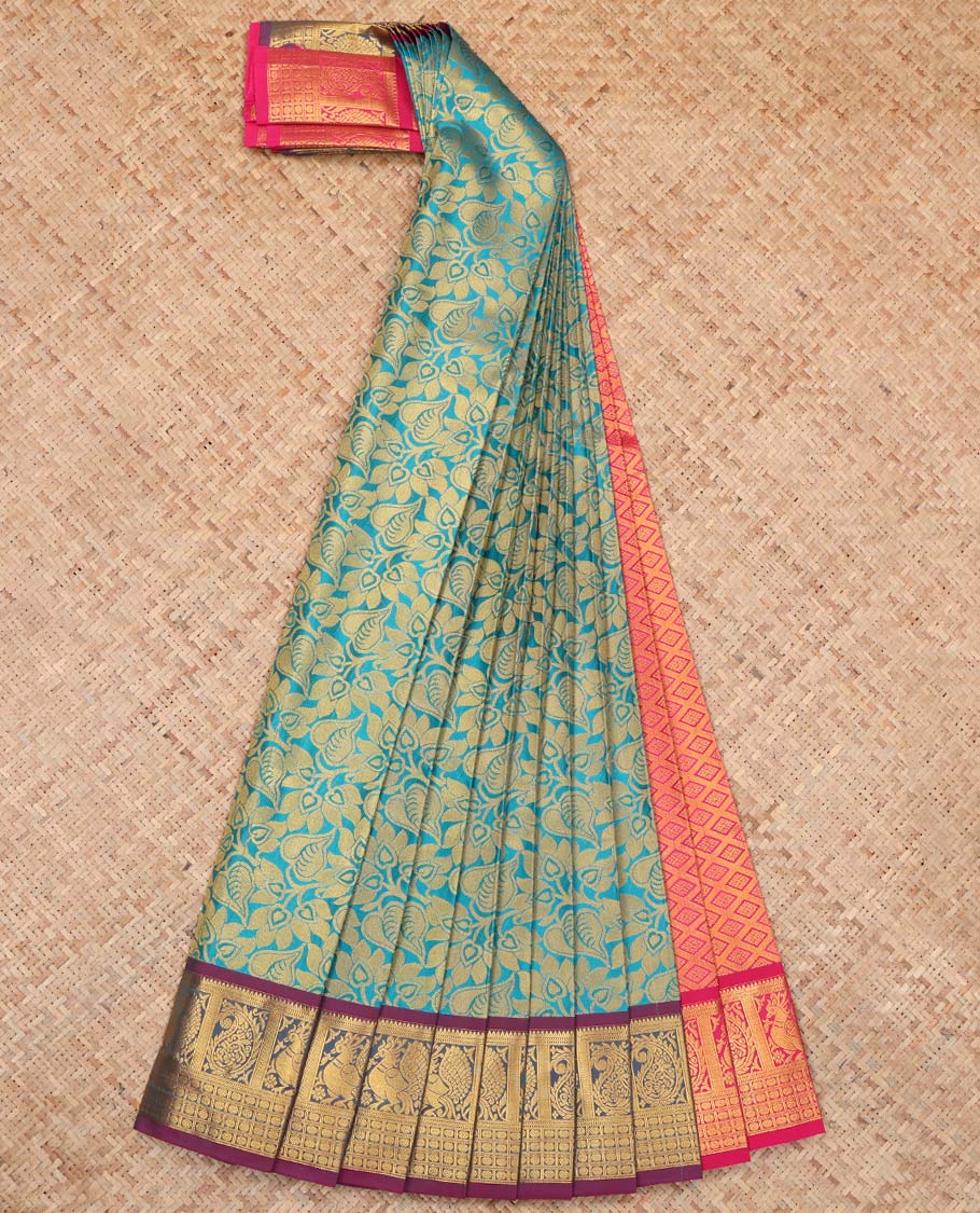Blue Budget Silk Saree, Delicately Woven Floral Vine Design, Complemented by Contrast Traditional Peacock and Paisley Zari Border, a Jaal Pallu and a Contrast Blouse