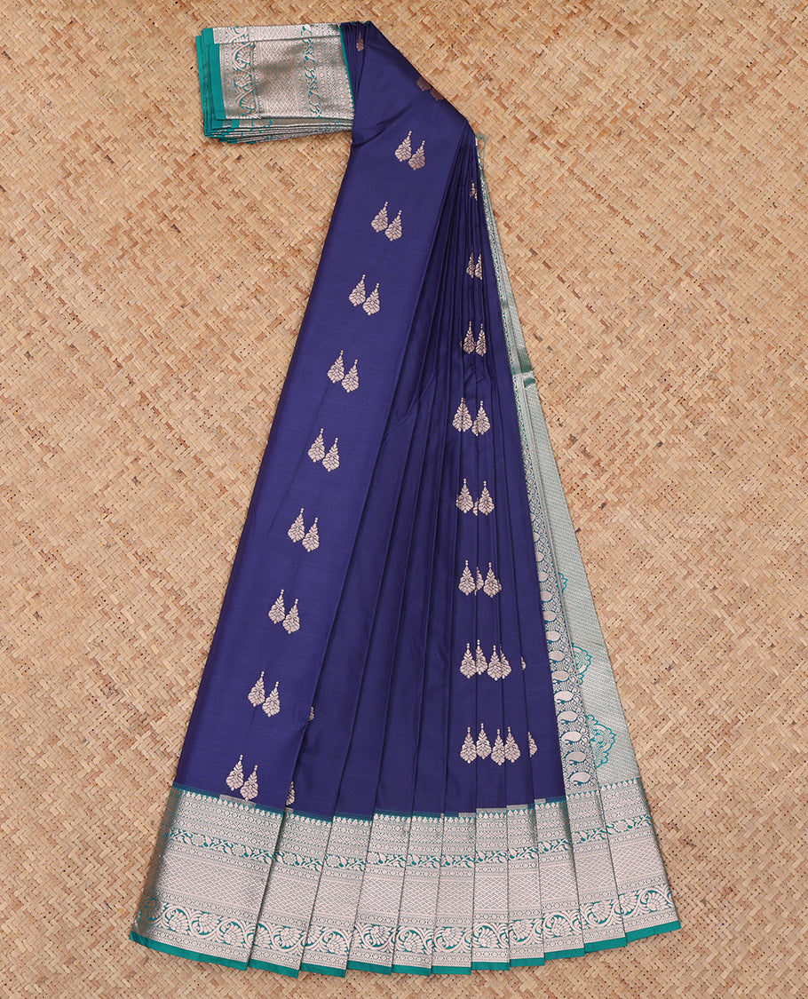 Navy Budget Silk Saree, Ornamented with Zari Buttas and Checks, Complemented by a Contrast Traditional Zari Border, Intricate Pallu, and a Contrast Blouse