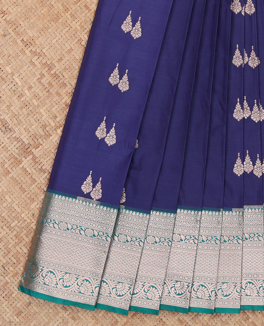 Navy Budget Silk Saree, Ornamented with Zari Buttas and Checks, Complemented by a Contrast Traditional Zari Border, Intricate Pallu, and a Contrast Blouse