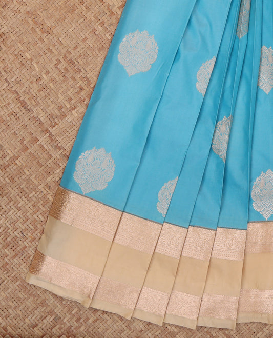 Blue Budget Silk Saree, Delicately Woven with Zari Buttas, a Contrast Traditional Rettai Pettu Border, Grand Pallu, and a Contrast Blouse