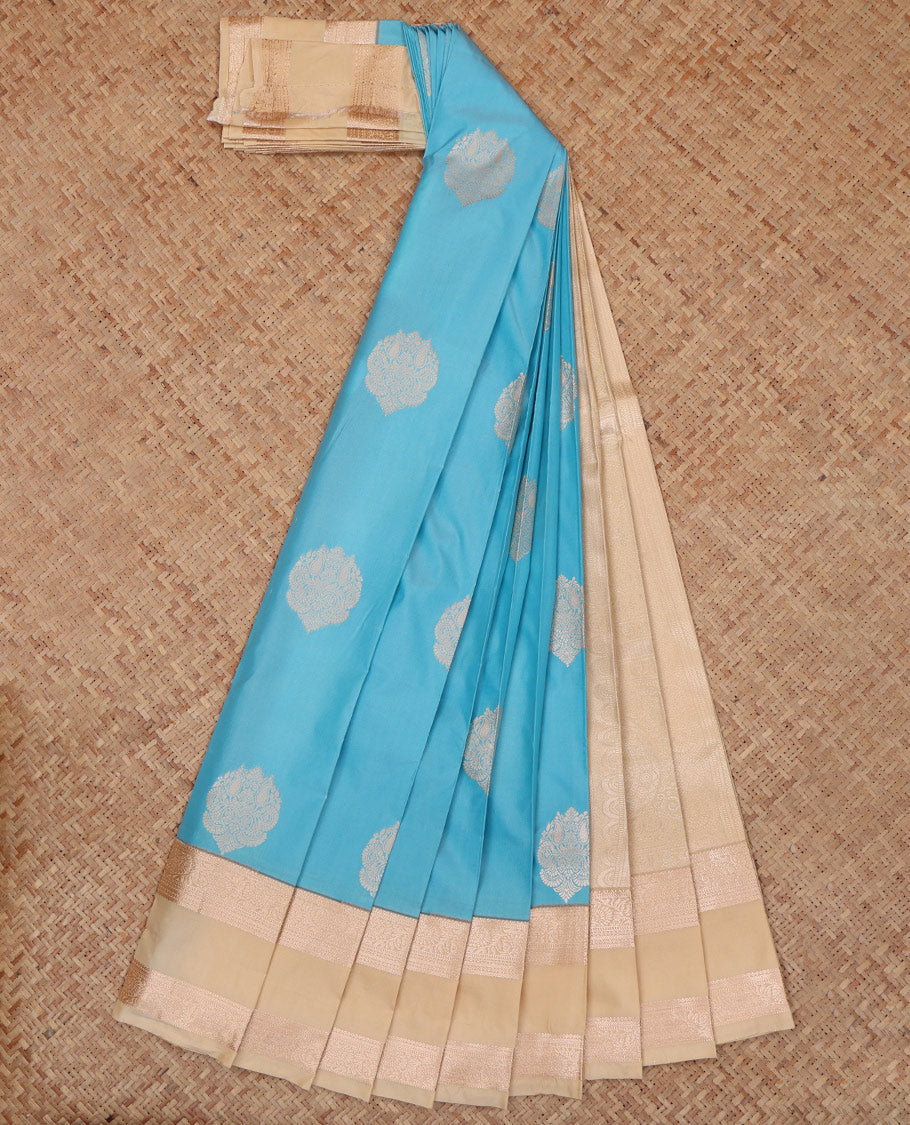 Blue Budget Silk Saree, Delicately Woven with Zari Buttas, a Contrast Traditional Rettai Pettu Border, Grand Pallu, and a Contrast Blouse