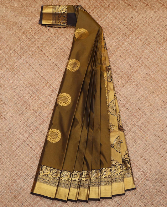 Green Budget Silk Saree, Adorned with Floral-Circular Buttas, a Contrast Traditional Peacock Zari Border, a Grand Pallu and a Contrast Blouse