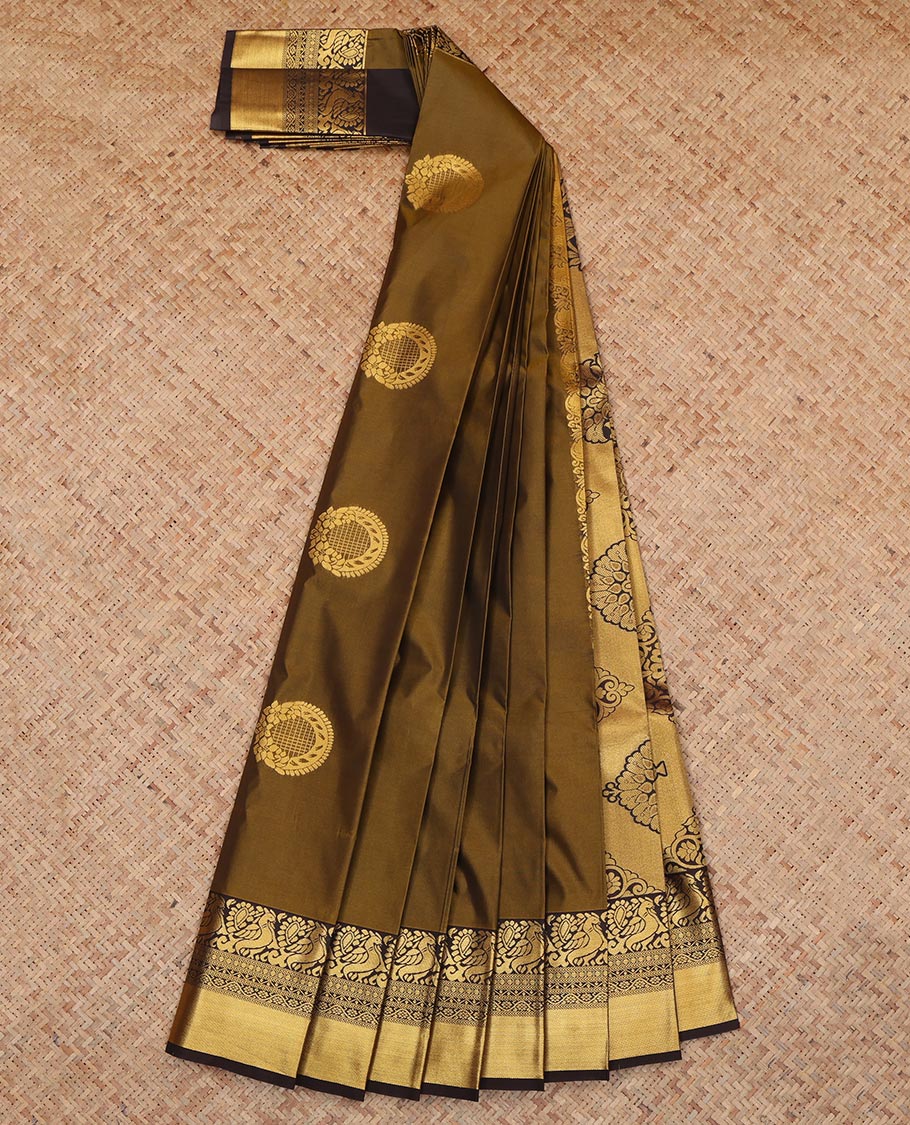 Green Budget Silk Saree, Adorned with Floral-Circular Buttas, a Contrast Traditional Peacock Zari Border, a Grand Pallu and a Contrast Blouse