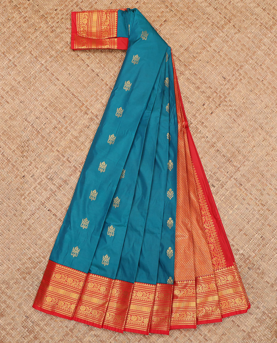 Blue Budget Silk Saree, Enthralled with Zari Buttas, Complemented by Contrast Traditional Zari Border, a Jaal Pallu and a Contrast Blouse
