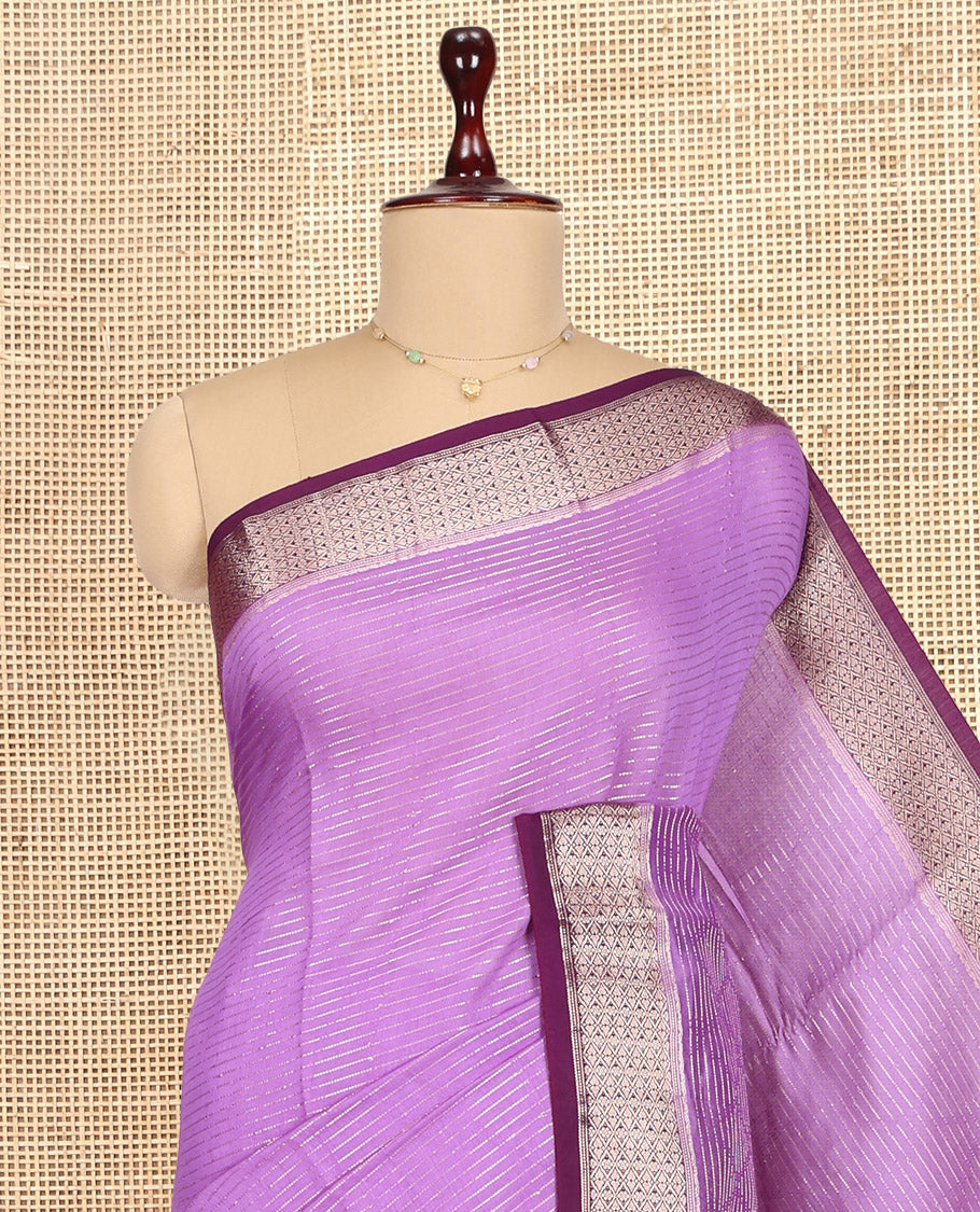 Lavender Assam Silk Saree, Enthralled with Zari Stripes, Complemented by a Contrast Jaal Zari Design Border,  Zari Woven Pallu, and Contrast Blouse