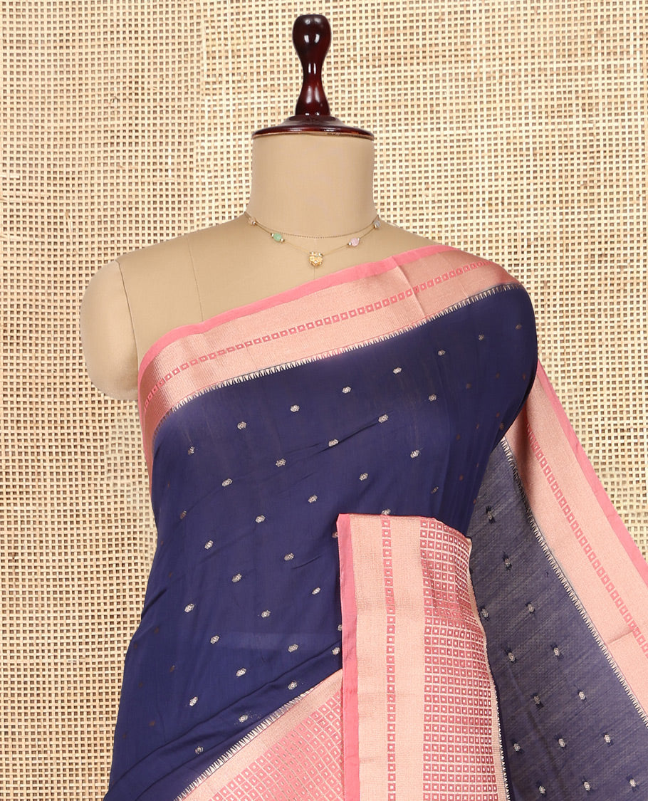 Navy Blue Assam Silk Saree, Spotlighted with Zari Buttas, Complemented by Contrast Zari Border,  Zari Woven Pallu, and Contrast Blouse