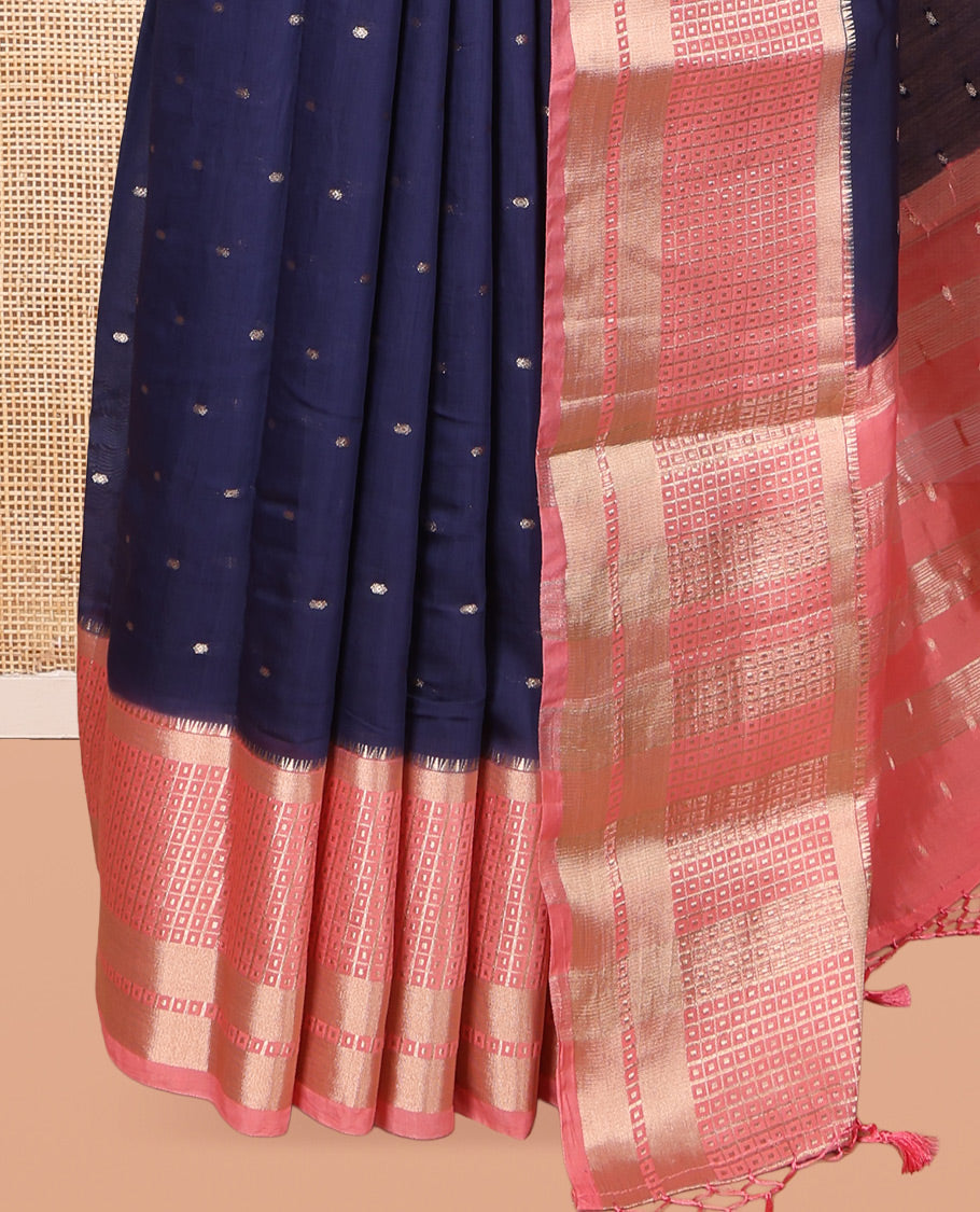 Navy Blue Assam Silk Saree, Spotlighted with Zari Buttas, Complemented by Contrast Zari Border,  Zari Woven Pallu, and Contrast Blouse