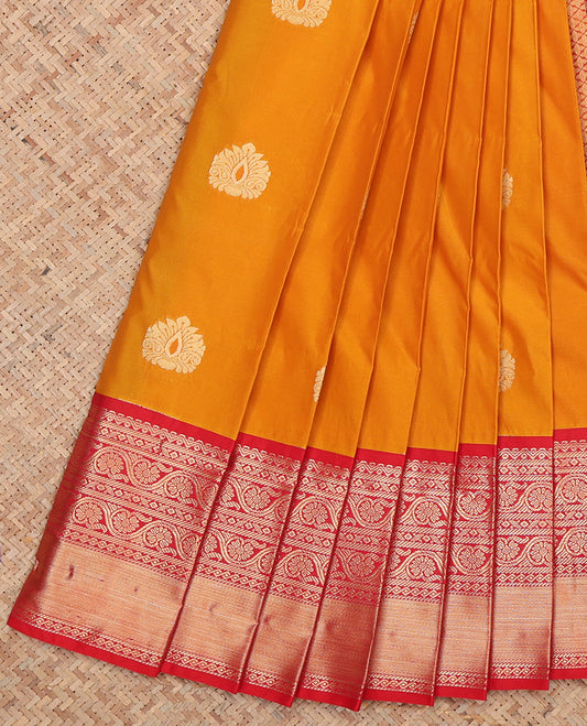 Orange Budget Silk Saree, Mesmerized with Zari Buttas, Complemented by a Contrast Traditional Zari Border, Grand Jaal Pallu, and Contrast Blouse