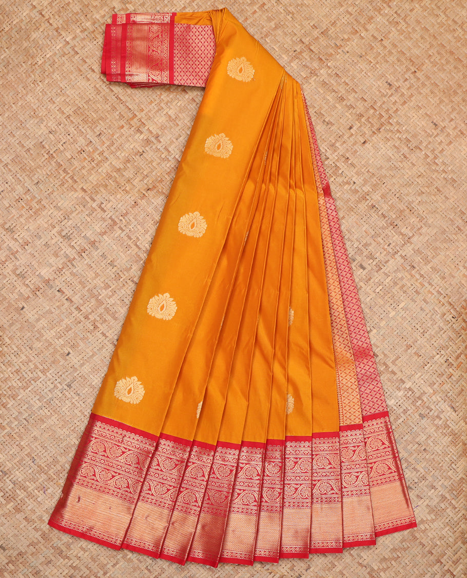 Orange Budget Silk Saree, Mesmerized with Zari Buttas, Complemented by a Contrast Traditional Zari Border, Grand Jaal Pallu, and Contrast Blouse