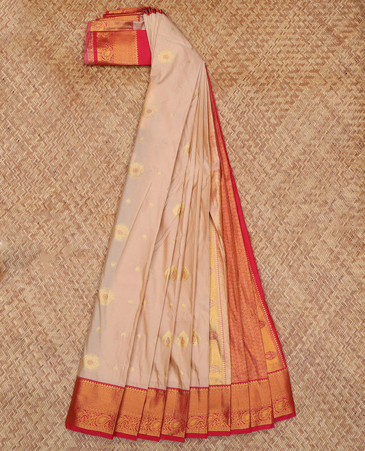 Sandal Budget Silk Saree, Featuring Zari Buttas, Complemented by a Contrast Traditional Zari Border, Grand Jaal Pallu, and Contrast Blouse