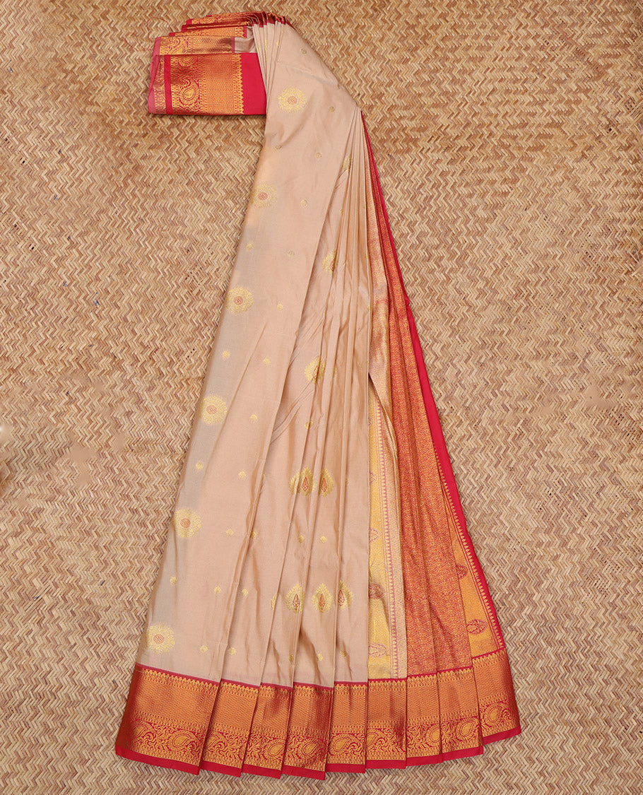 Sandal Budget Silk Saree, Featuring Zari Buttas, Complemented by a Contrast Traditional Zari Border, Grand Jaal Pallu, and Contrast Blouse