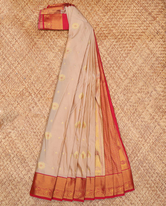 Sandal Budget Silk Saree, Featuring Zari Buttas, Complemented by a Contrast Traditional Zari Border, Grand Jaal Pallu, and Contrast Blouse
