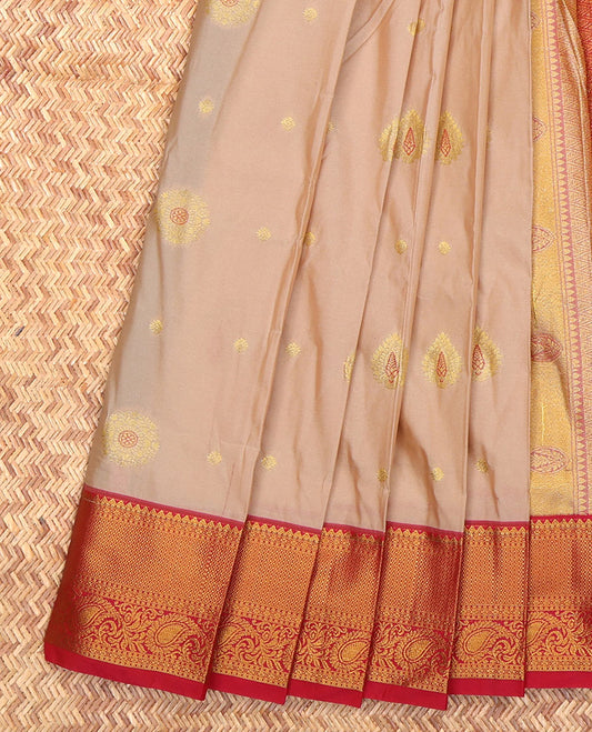 Sandal Budget Silk Saree, Featuring Zari Buttas, Complemented by a Contrast Traditional Zari Border, Grand Jaal Pallu, and Contrast Blouse
