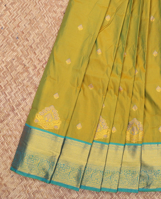 Green Budget Silk Saree, Woven with Zari Buttas, a Contrast Traditional Zari Border, Grand Pallu, and a Contrast Blouse
