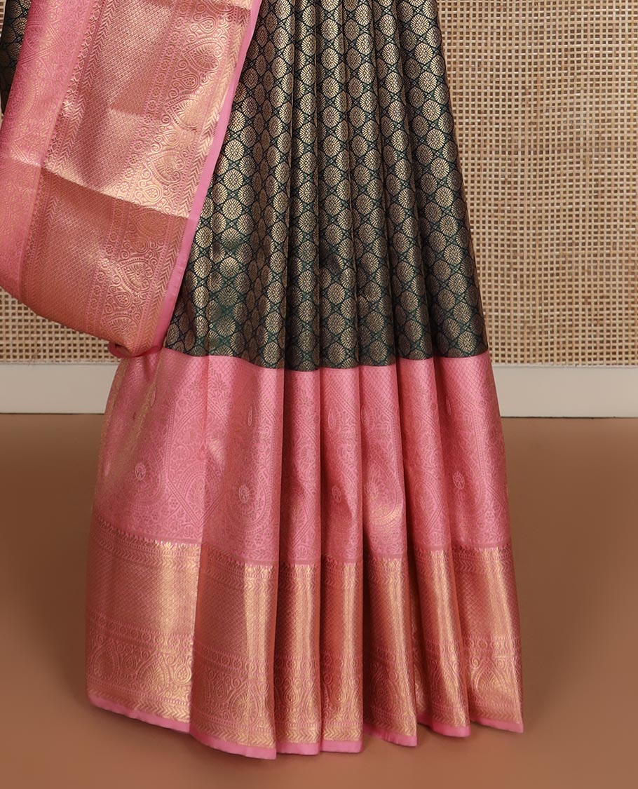 Green chakram jacquard budget silk saree, contrast traditional zari border, and jaal pallu