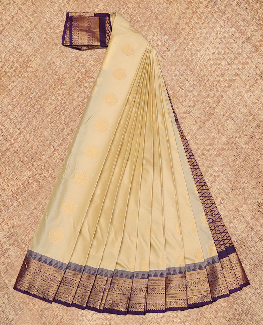 Sandal Budget Silk Saree, Woven with Zari Buttas, a Contrast Traditional Zari Border, Jaal Pallu, and a Contrast Blouse