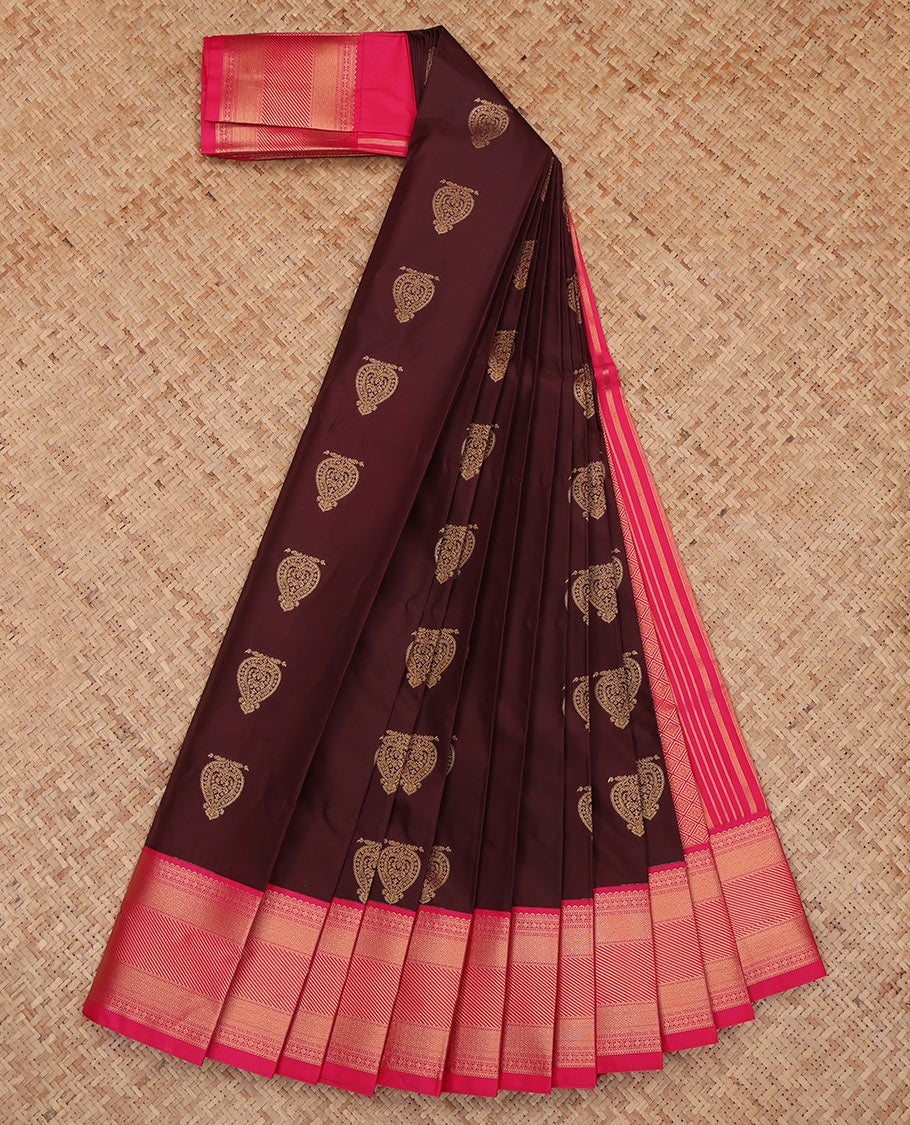 Maroon Budget Silk Saree, Spotlighted with Zari Buttas, a Contrast Traditional Zari Border, Grand Pallu, and a Contrast Blouse