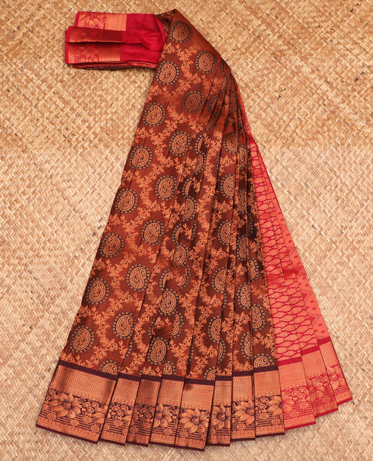 Brown jacquard gift saree, traditional zari design border, and pallu of jaal designs