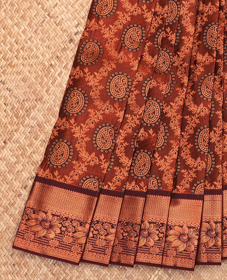 Brown jacquard gift saree, traditional zari design border, and pallu of jaal designs