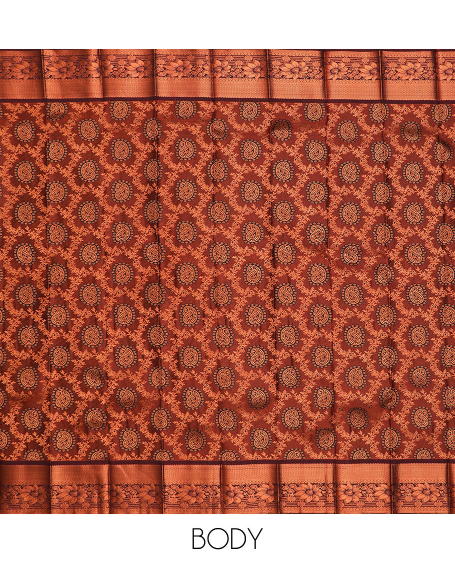 Brown jacquard gift saree, traditional zari design border, and pallu of jaal designs