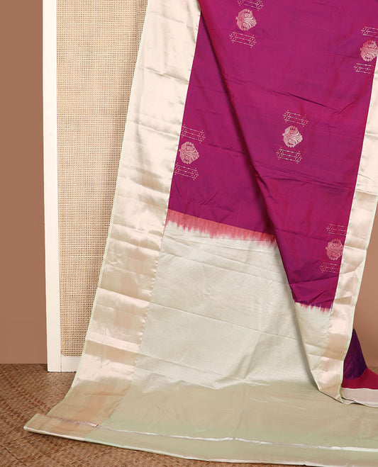 Purple zari buttas gift saree, contrast traditional zari design border, and mat textured pallu