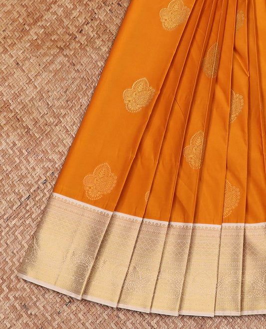Orange zari buttas gift saree, contrast traditional zari design border, and jaal pallu
