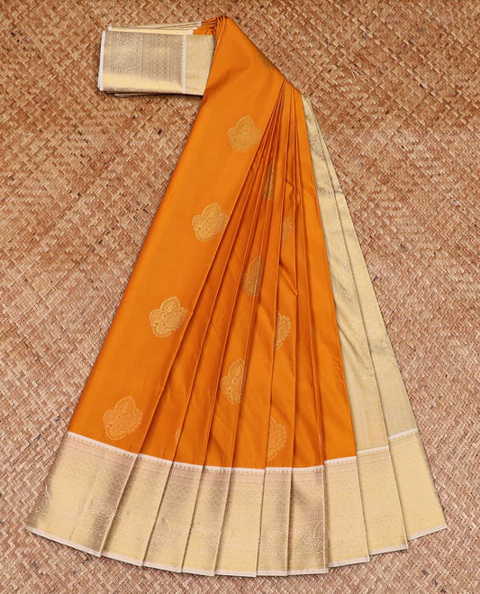 Orange zari buttas gift saree, contrast traditional zari design border, and jaal pallu