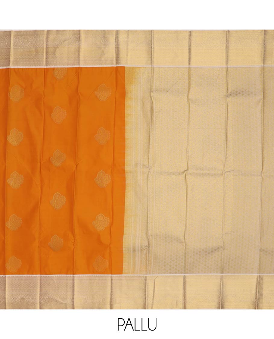 Orange zari buttas gift saree, contrast traditional zari design border, and jaal pallu