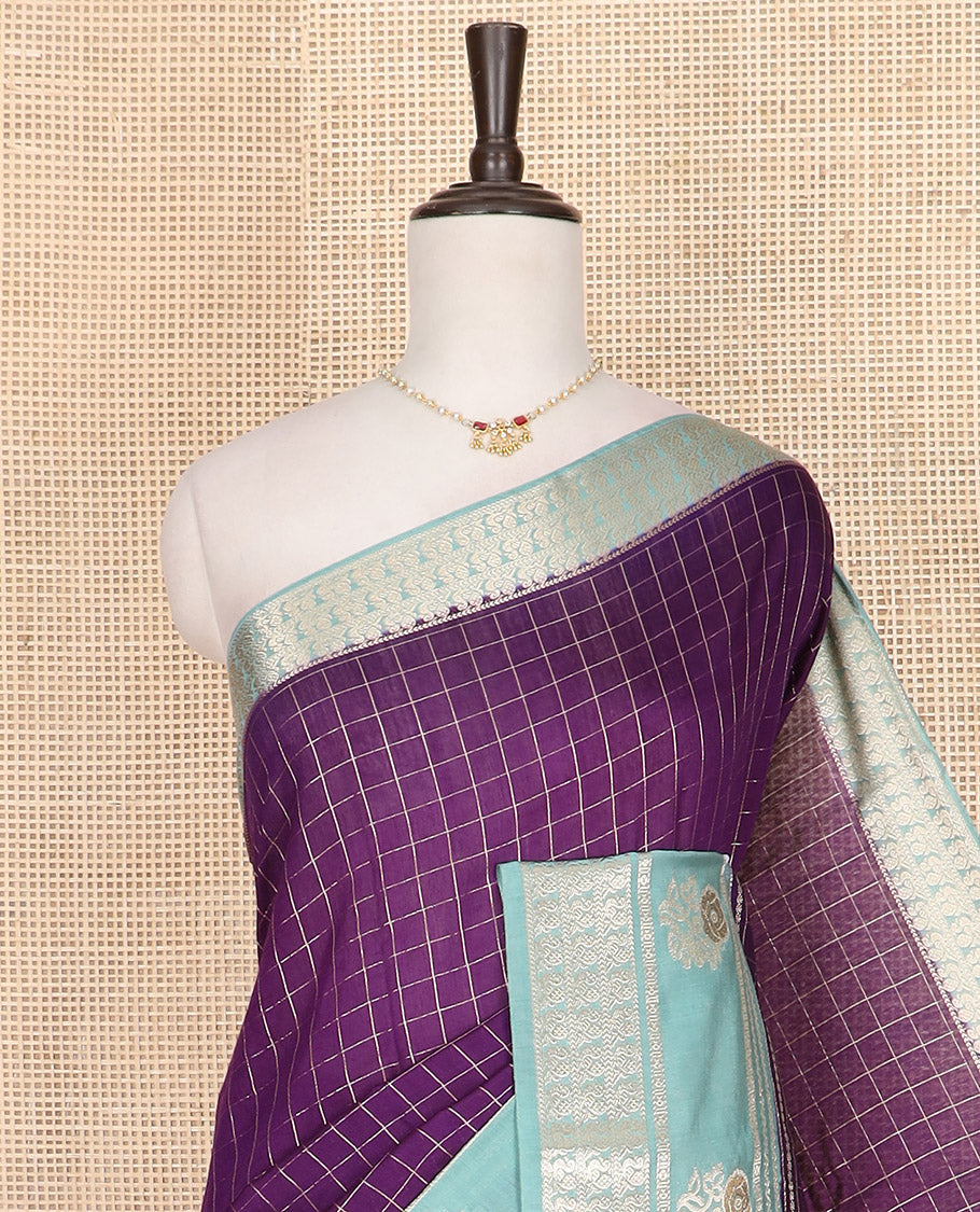 Purple zari checked Assam silk saree, contrast traditional zari border of peacock and floral designs, and pallu of zari stripes