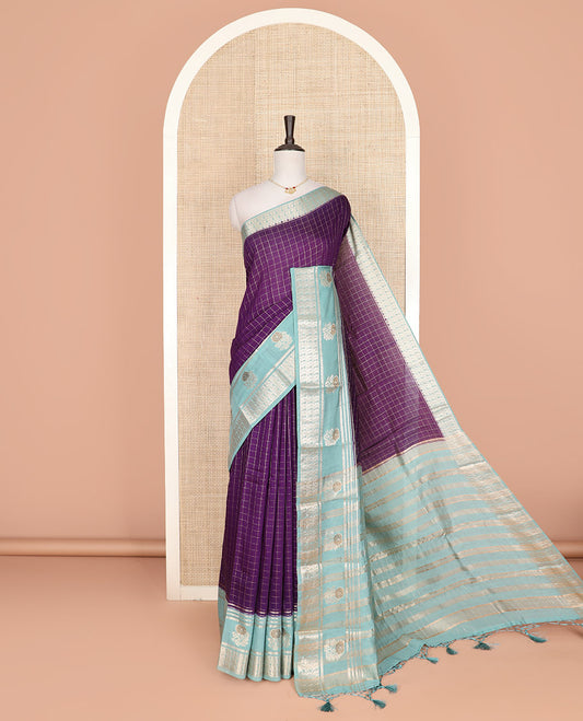 Purple zari checked Assam silk saree, contrast traditional zari border of peacock and floral designs, and pallu of zari stripes