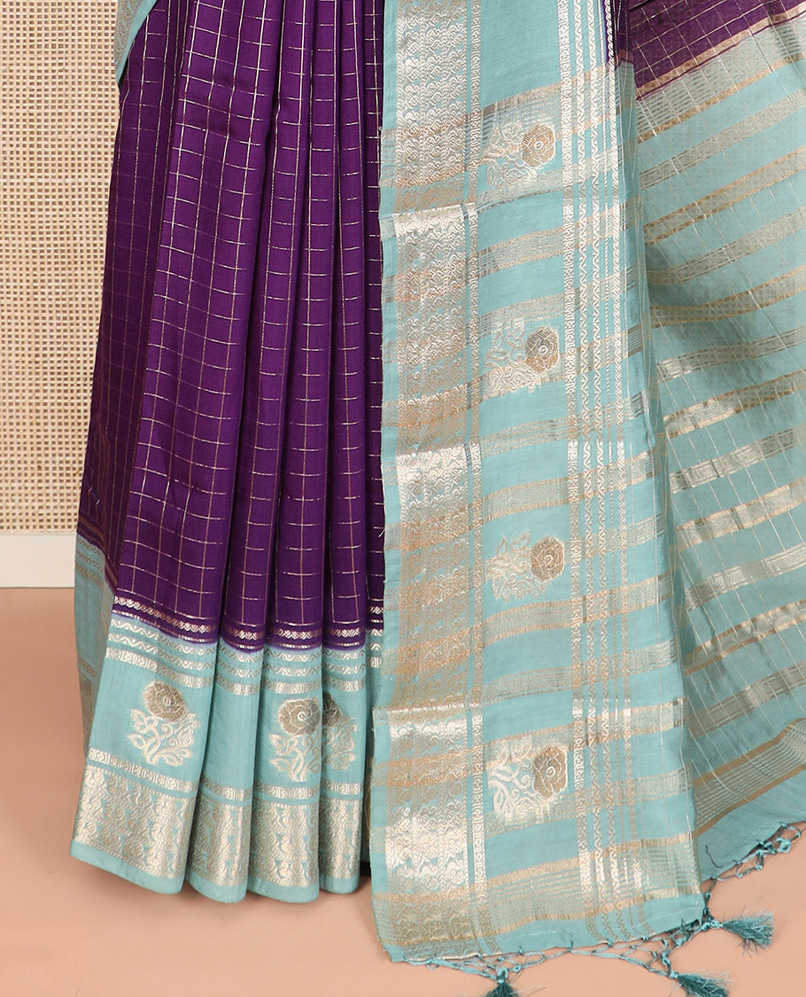 Purple zari checked Assam silk saree, contrast traditional zari border of peacock and floral designs, and pallu of zari stripes