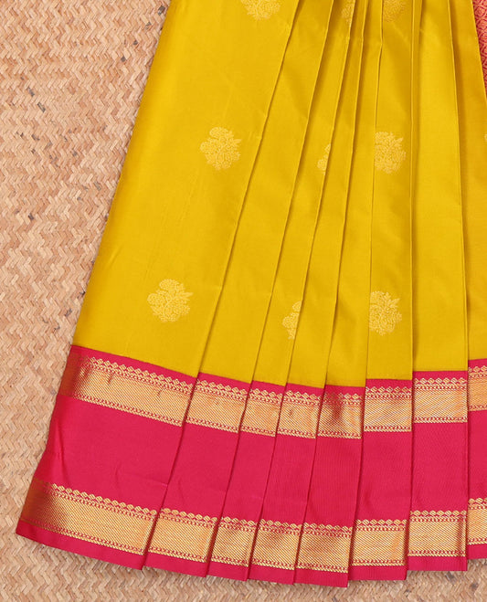 Green Budget Silk Saree, Subtly Sparkled with Zari Buttas All Over Its Body, Complemented by Contrast Rettai Pettu Border of Traditional Zari Designs, a Grand Jaal Pallu, and Paired with a Contrast Blouse