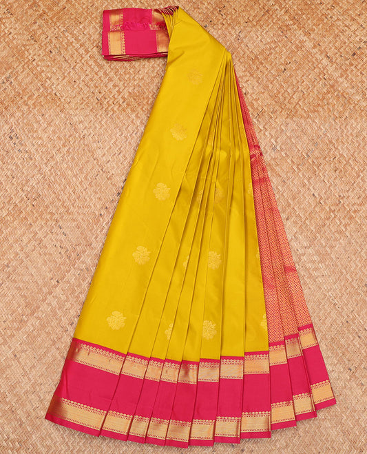 Green Budget Silk Saree, Subtly Sparkled with Zari Buttas All Over Its Body, Complemented by Contrast Rettai Pettu Border of Traditional Zari Designs, a Grand Jaal Pallu, and Paired with a Contrast Blouse