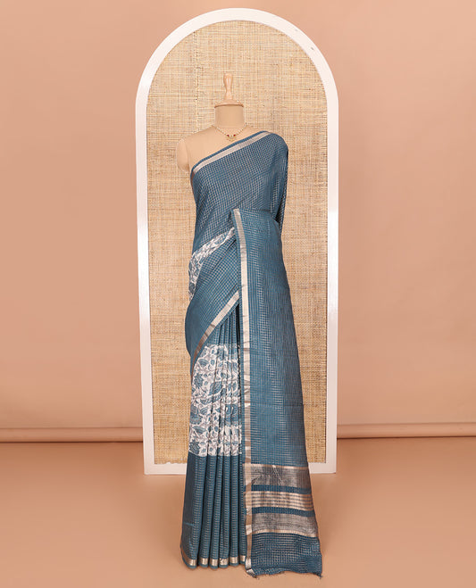 Blue Assam Silk Saree Graced with Micro-Checks and Floral Prints, Featuring a Simple Piping Border, Zari-Enriched Pallu, Paired with a Matching Blouse