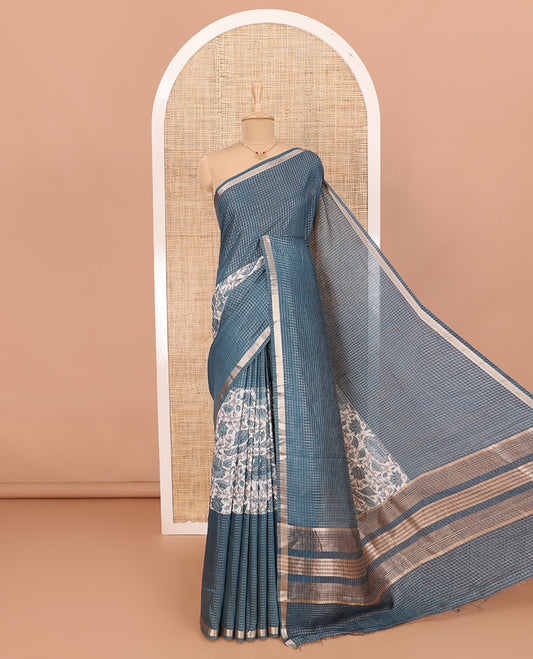 Blue Assam Silk Saree Graced with Micro-Checks and Floral Prints, Featuring a Simple Piping Border, Zari-Enriched Pallu, Paired with a Matching Blouse