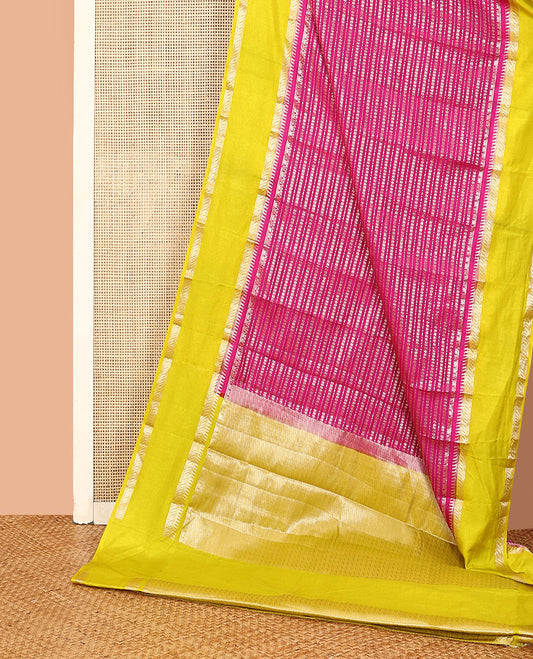 Rani pink zig-zag stripes with polka dots zari woven assam silk saree, contrast traditional motifs woven double border, and zari design pallu